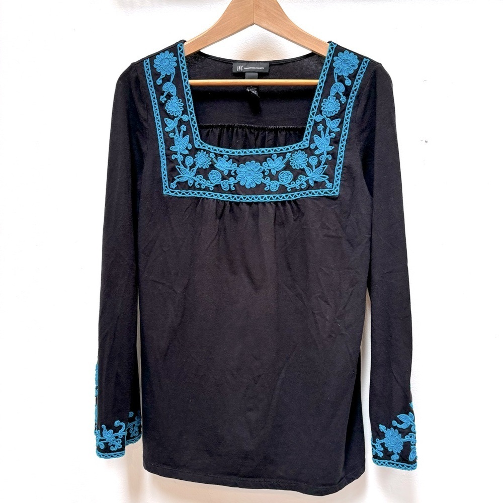 INC Floral Embroidered Square Neck Bell Sleeve Boho Cotton Tunic Black Large